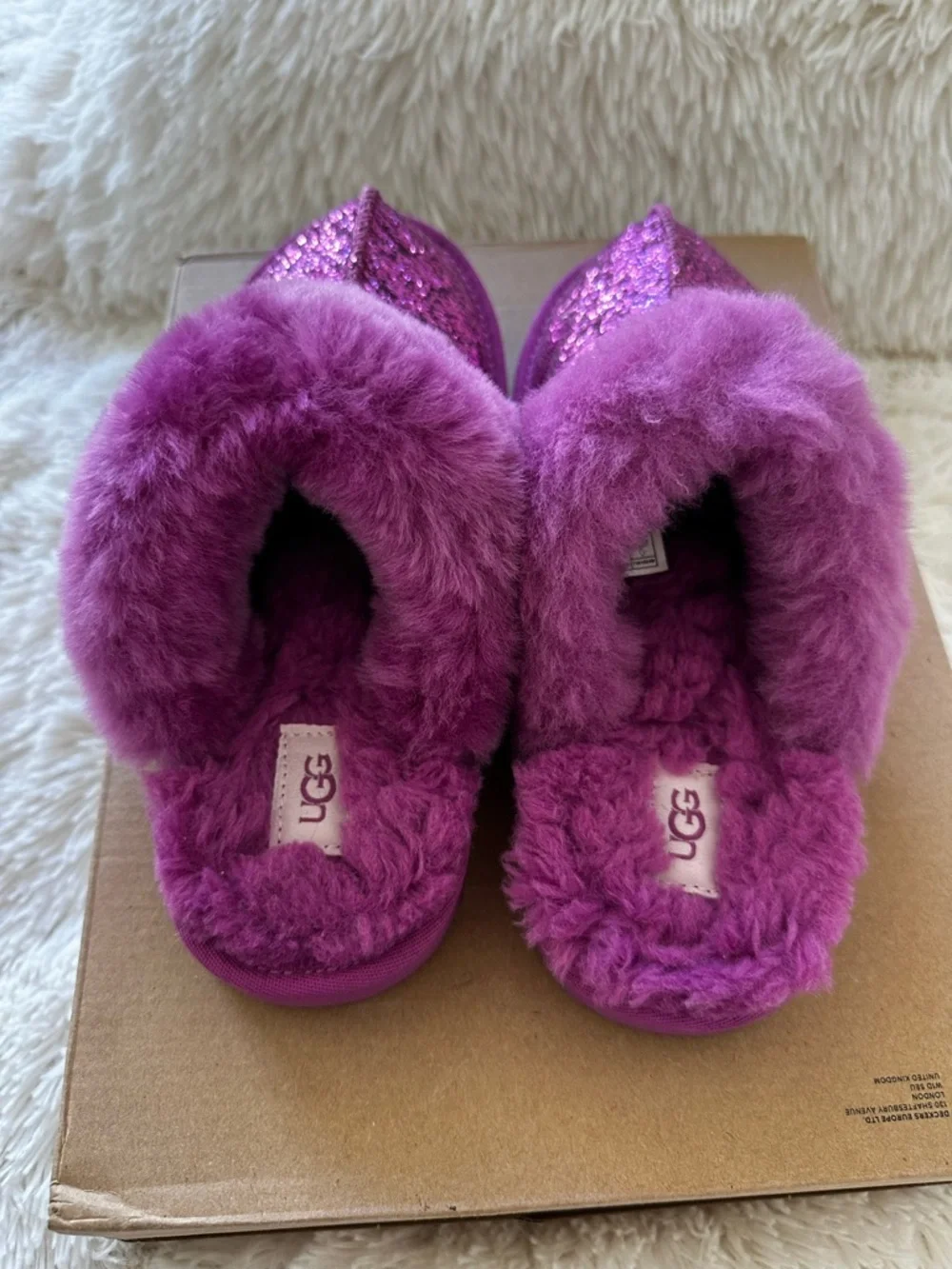 UGG Purple Glitter Cozy II Shearling Fur Slip On Mule Slippers Girls Size 4